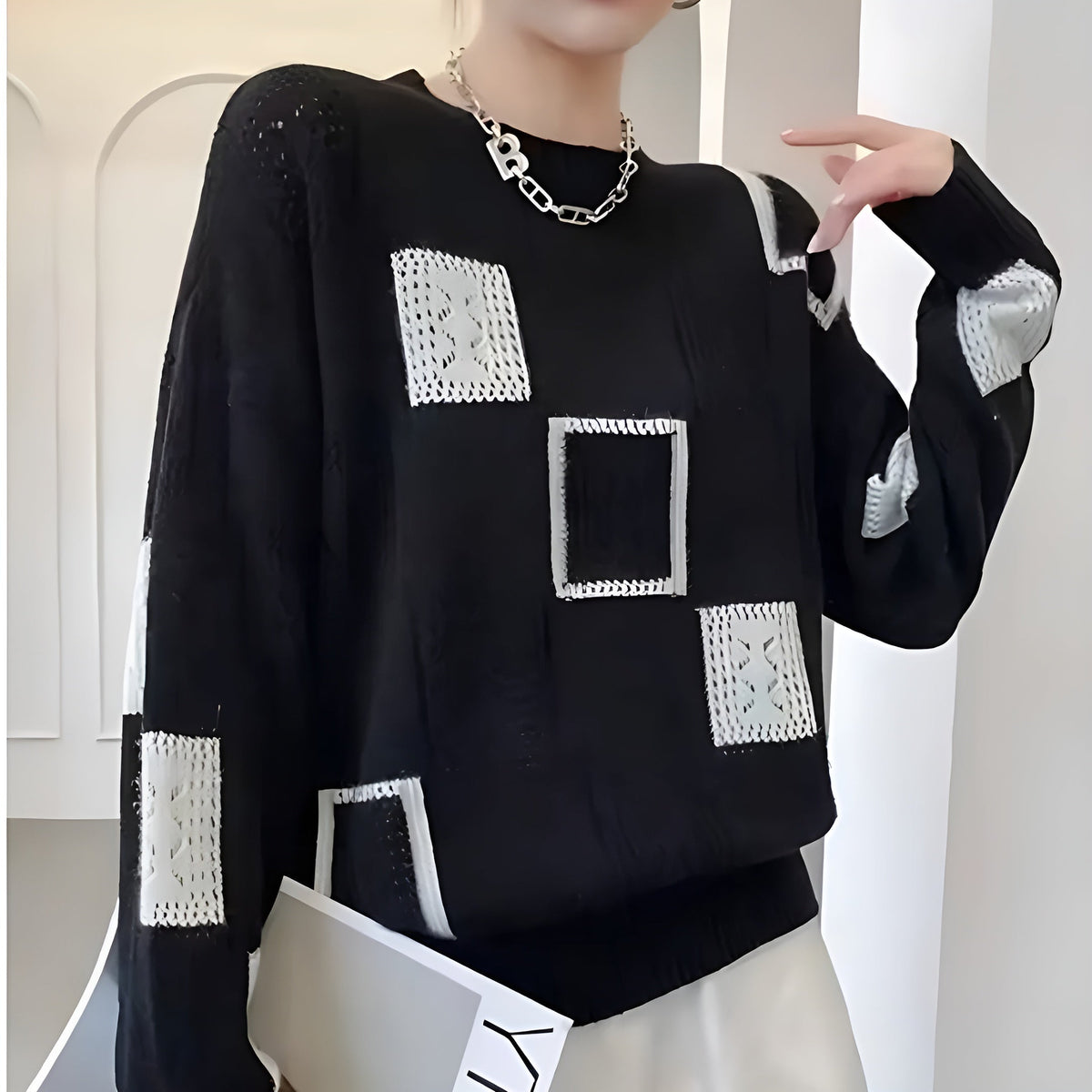 Square Pattern Jumper Textured Knit Round Neck Long Sleeve