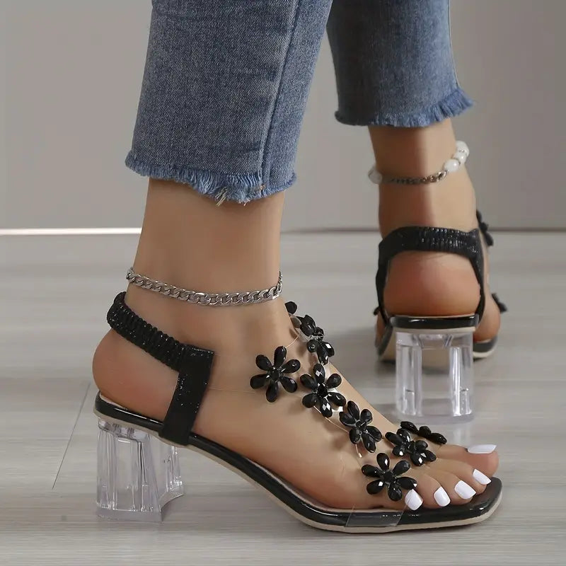 Rhinestone Block Heel Sandals Cushioned