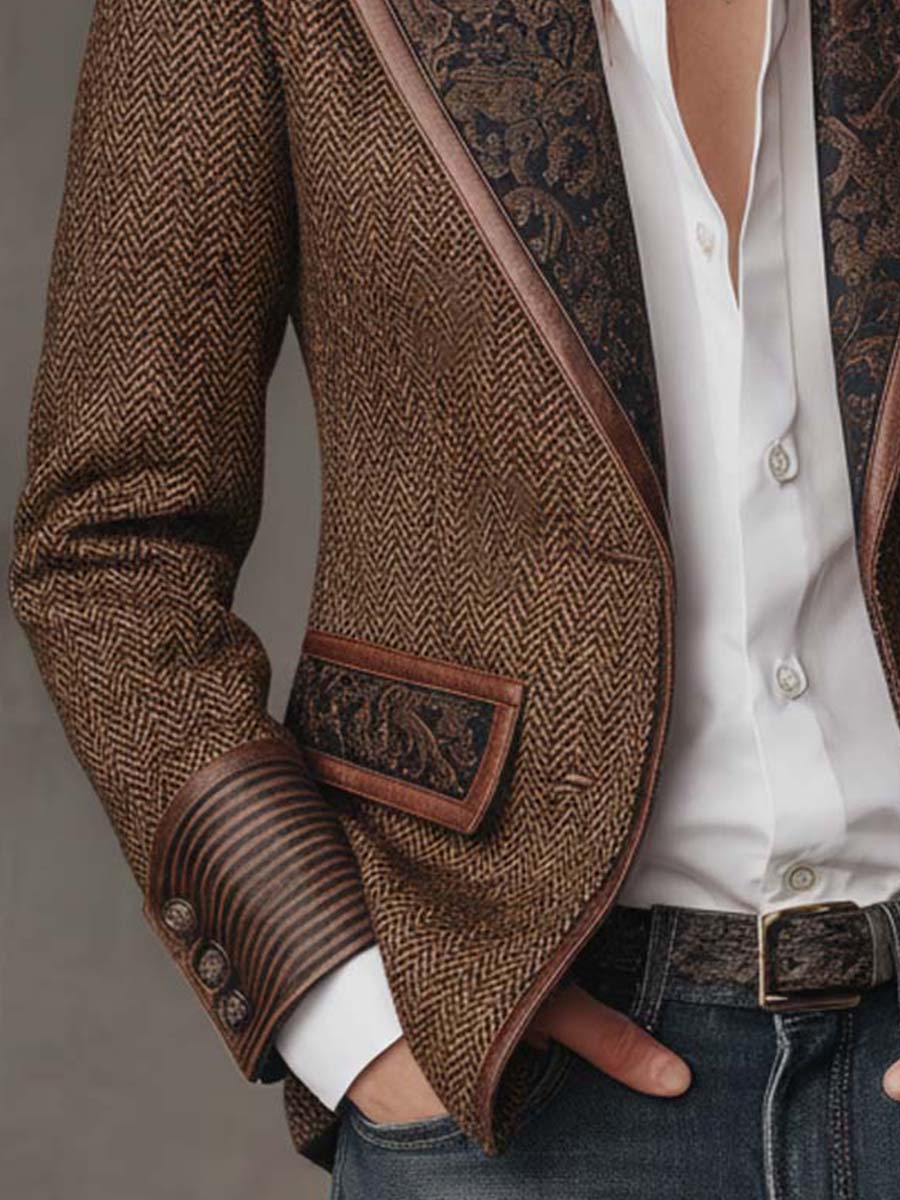 Elara herringbone print panel blazer for women by Bennett and Lowe, tailored fit with a stylish herringbone pattern.