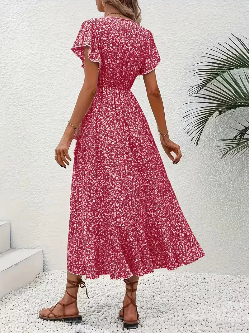 Floral Wrap Dress V Neck Short Sleeve Asymmetric