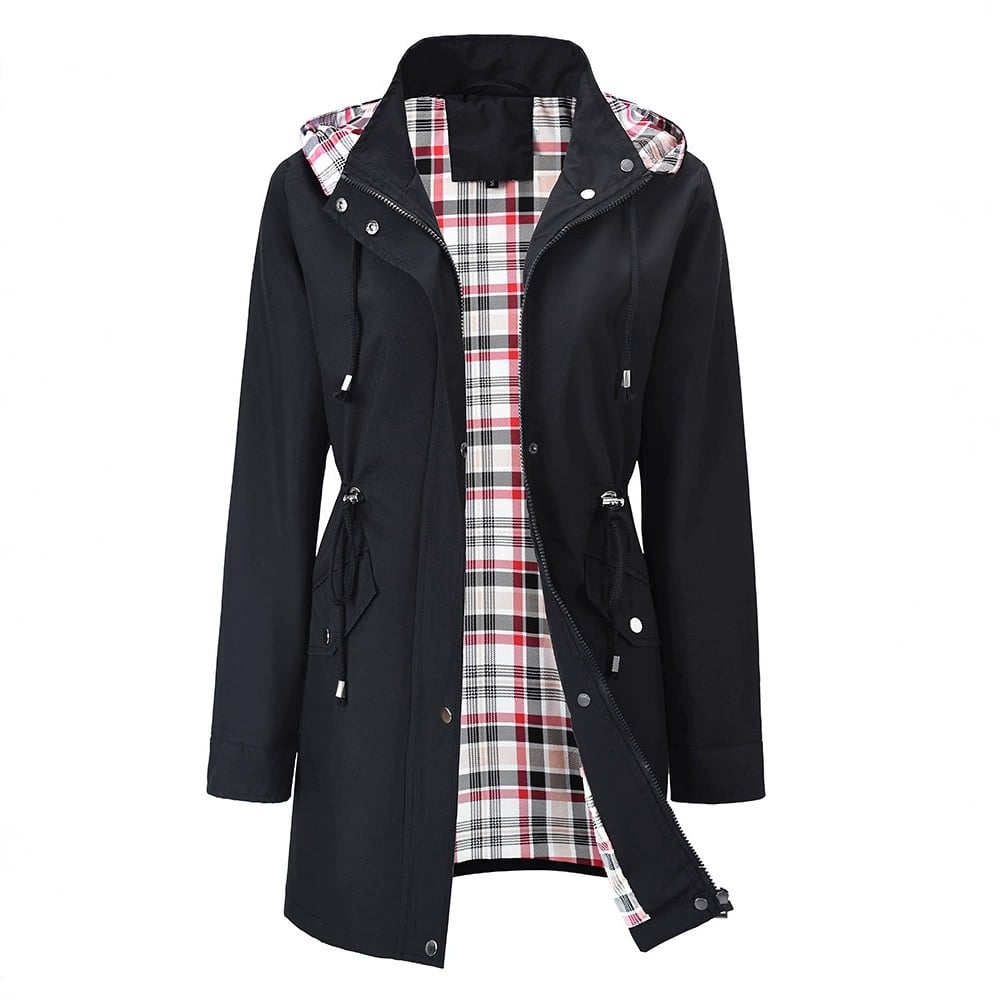 Black Lauren waterproof 3-in-1 women's rain coat with detachable hood by Bennett and Lowe, shown on a model.