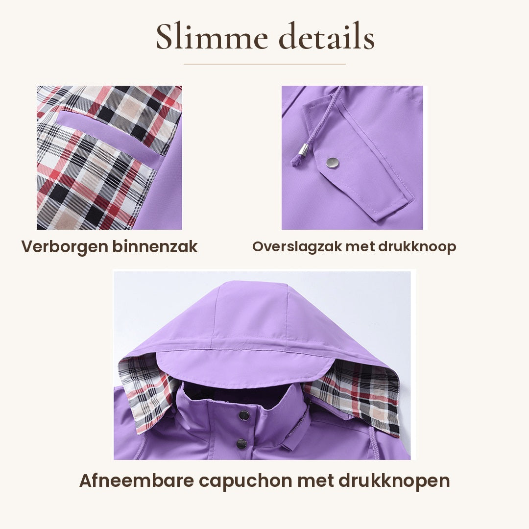 Waterproof 3-in-1 women's rain coat by Bennett and Lowe with a detachable hood, shown with detailed features.