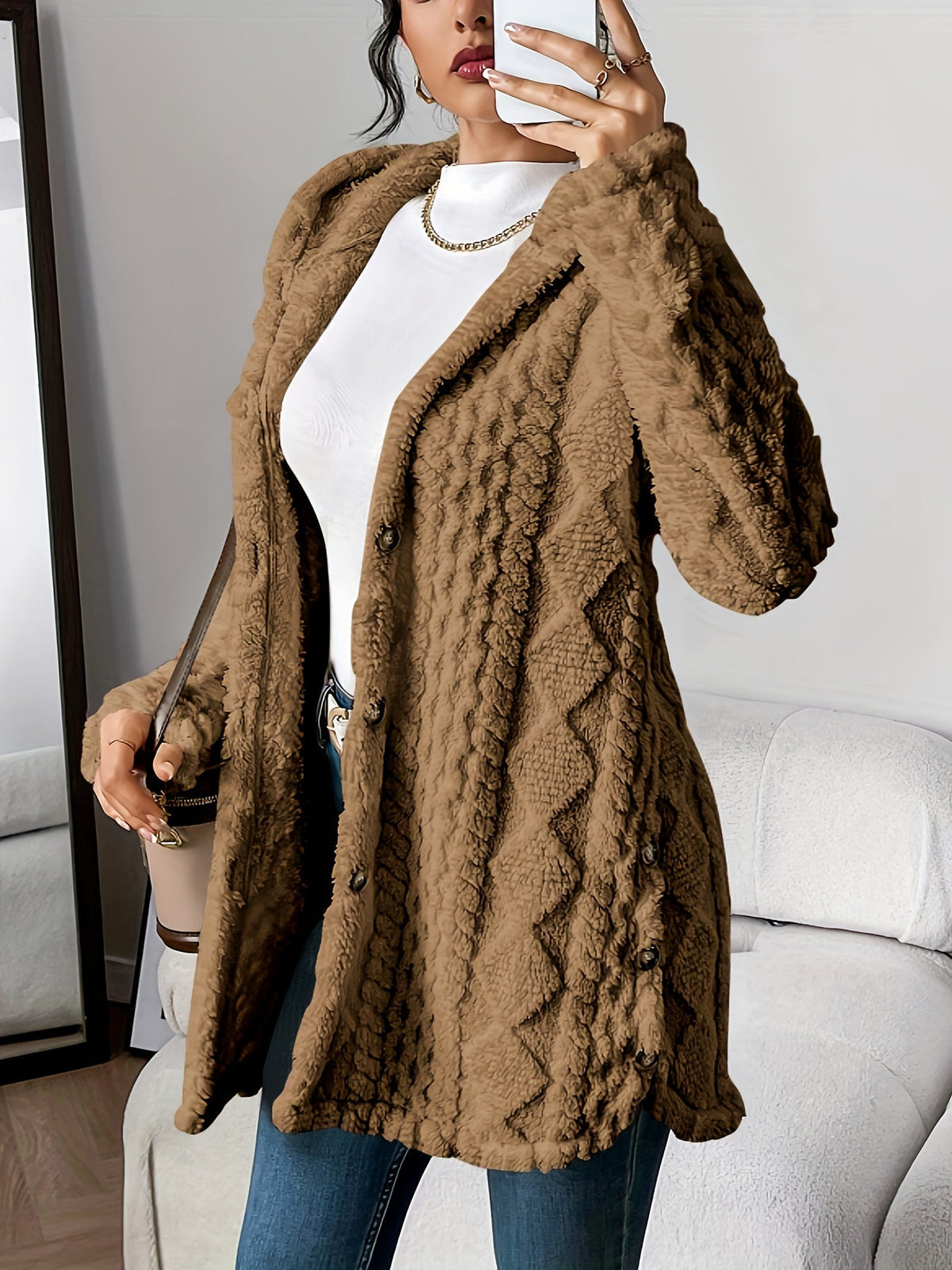 Plush Hooded Cardigan Fleece Open Front Long Sleeve Winter