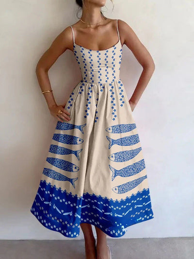 Artistic Fish Floral Print Sleeveless Halter Midi Dress