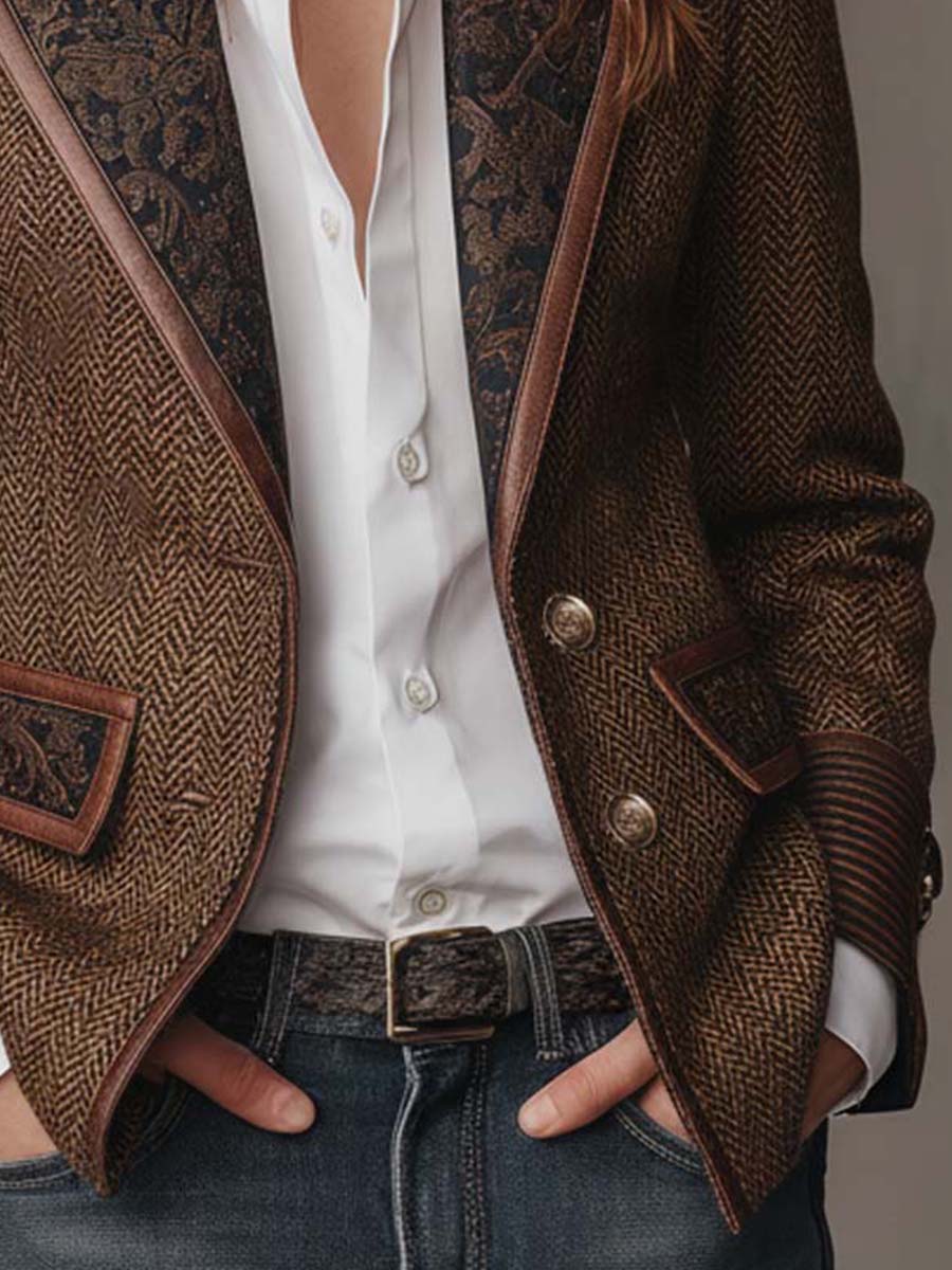 Women's herringbone print panel blazer by Bennett and Lowe, featuring tailored fit and stylish design.