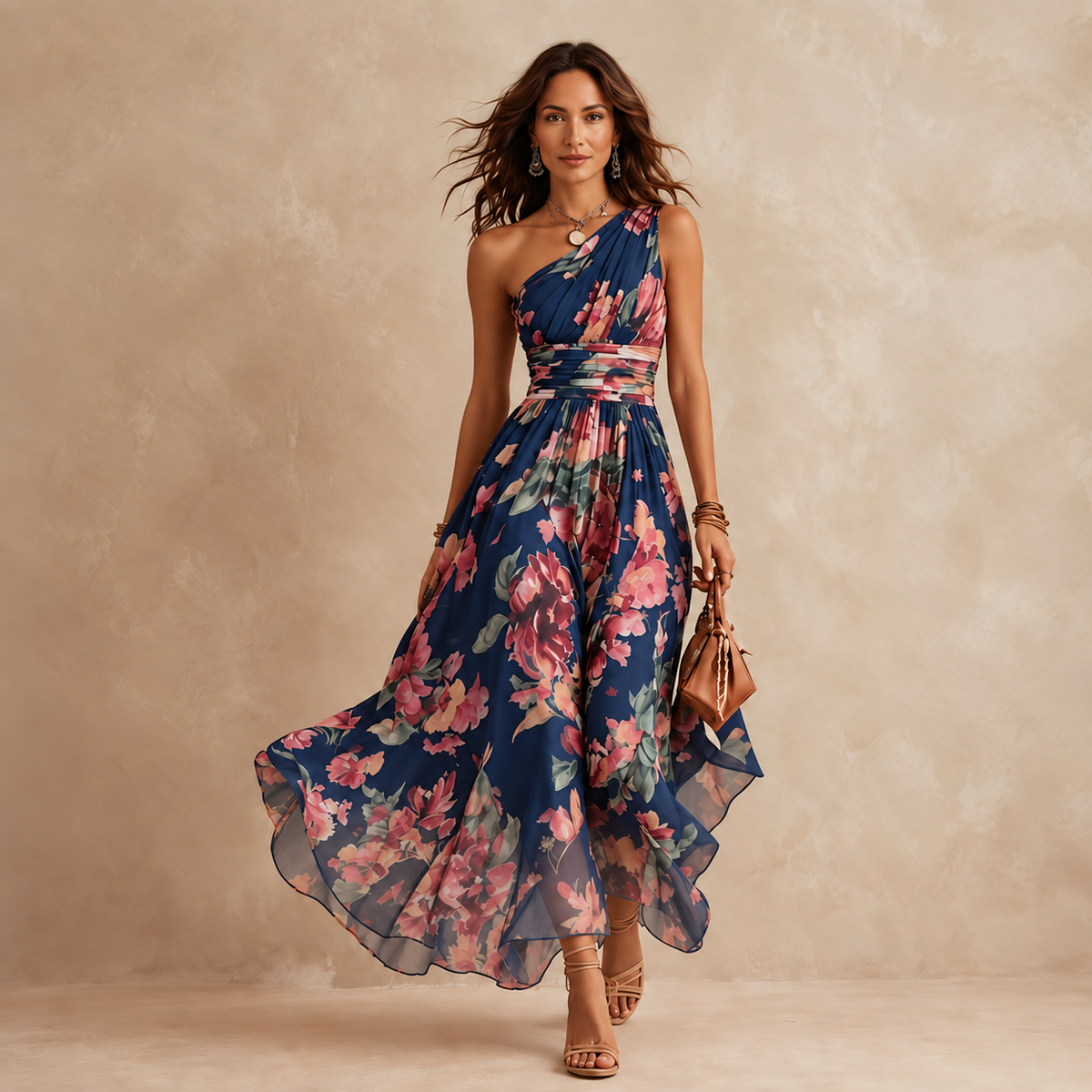Elegant one-shoulder floral dress by Bennett and Lowe featuring vibrant blooms and flowing fabric, perfect for summer occasions.