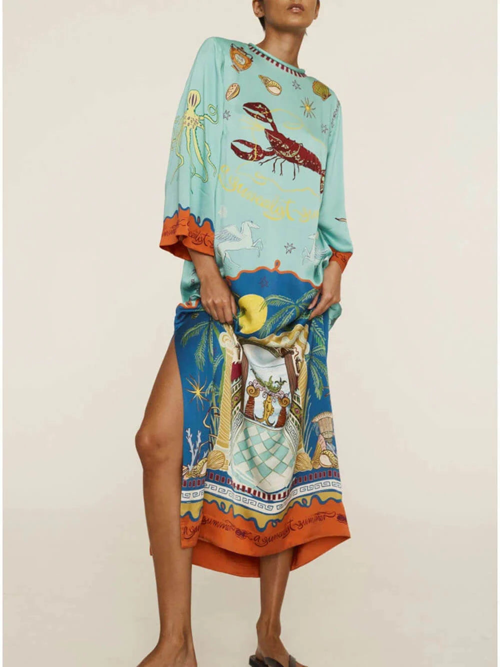 Blue Satin Long Sleeve Lobster Floral Maxi Dress