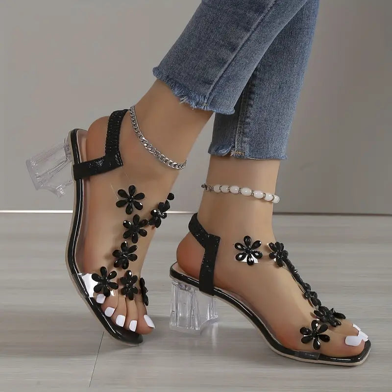 Rhinestone Block Heel Sandals Cushioned