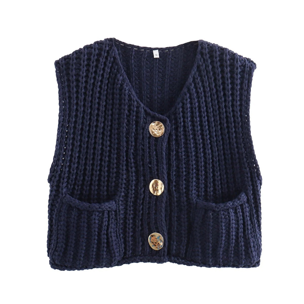 Women's Knit Waistcoat Sleeveless Gold Button Layering
