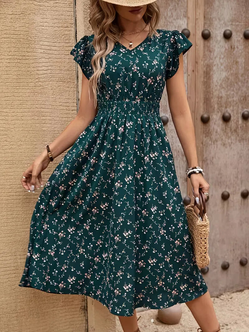 Floral Midi Dress A-Line Flutter Sleeve V Neck