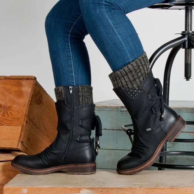 Mid Calf Winter Boots Cable Knit Cuff Side Laces Lined