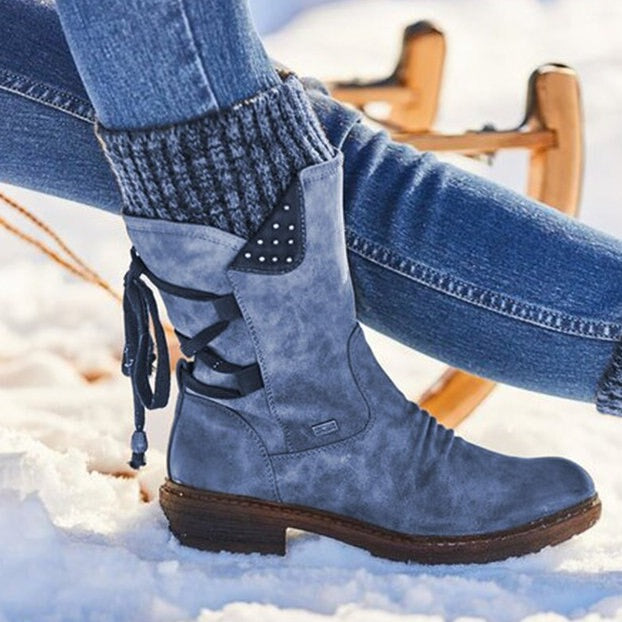 Mid Calf Winter Boots Cable Knit Cuff Side Laces Lined