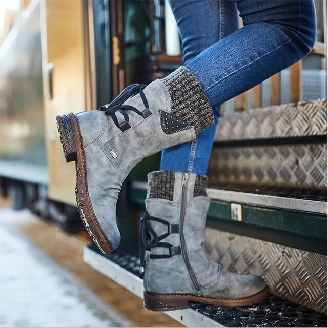 Mid Calf Winter Boots Cable Knit Cuff Side Laces Lined