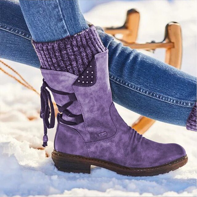 Mid Calf Winter Boots Cable Knit Cuff Side Laces Lined