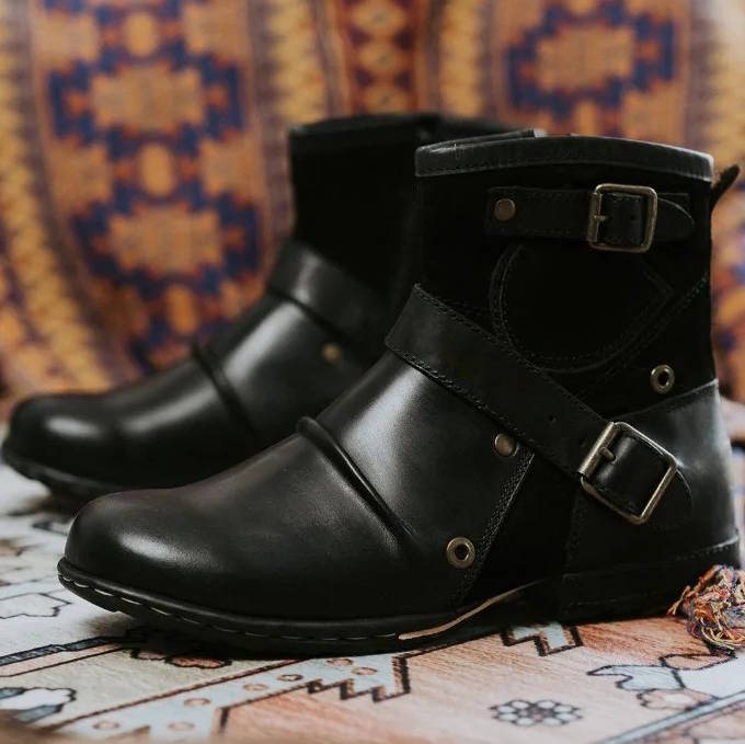Men's Ankle Boots Vintage Buckle Slip On Leather Casual
