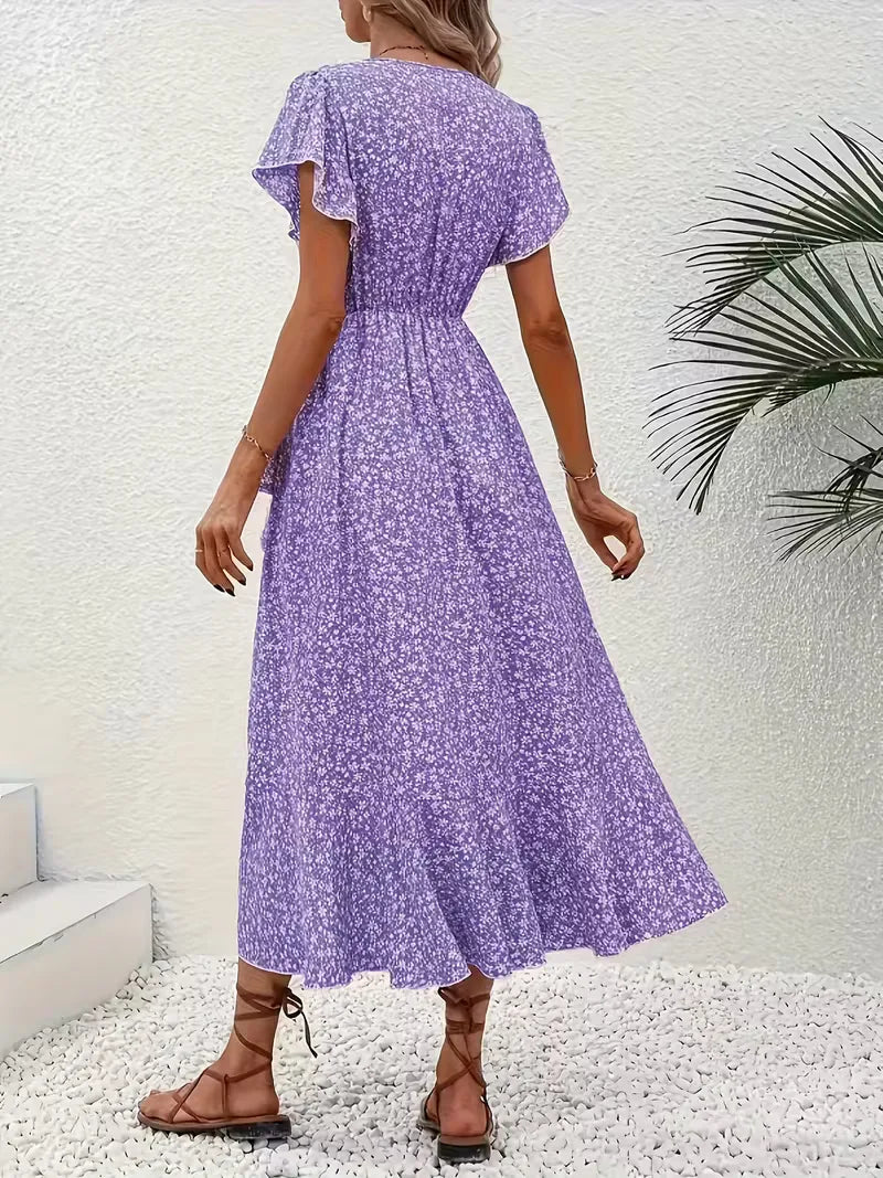 Floral Wrap Dress V Neck Short Sleeve Asymmetric