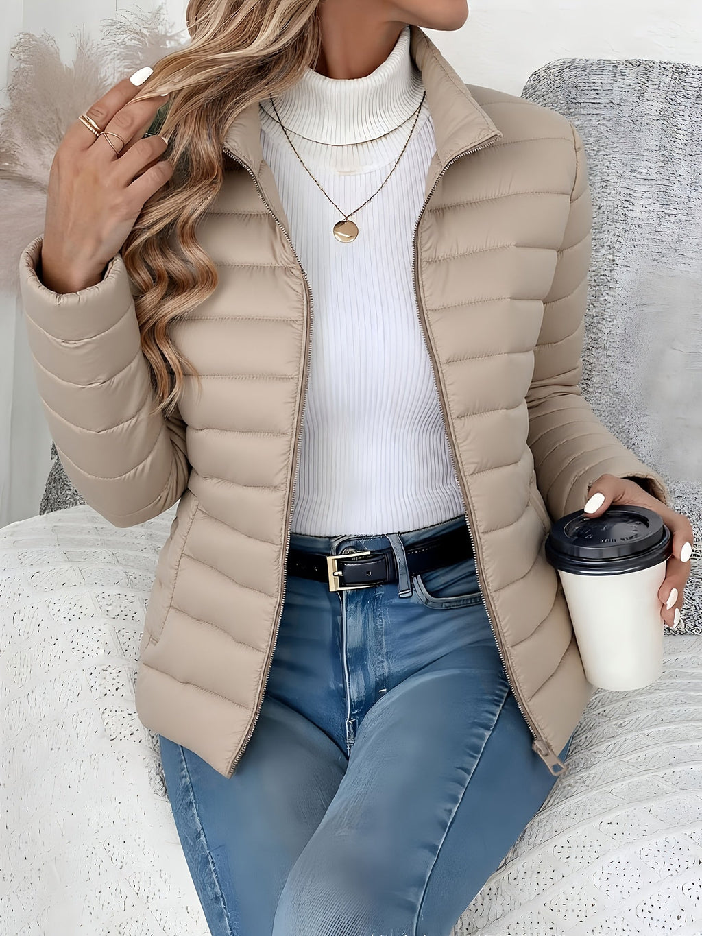 Lightweight Winter Coat Stand Collar Quilted Refined