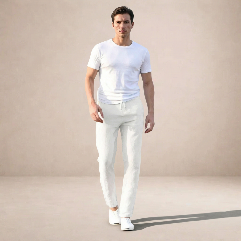 Men's Linen Summer Trousers Regular Fit Breathable Fabric Elastic Waist