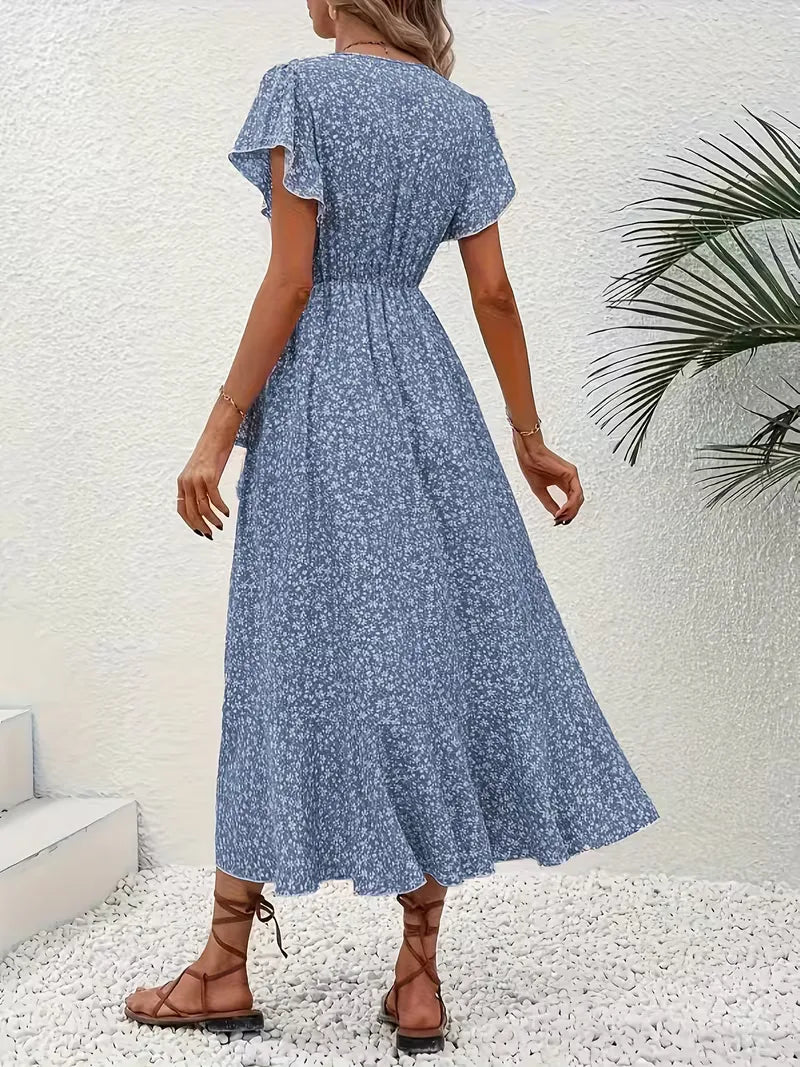 Floral Wrap Dress V Neck Short Sleeve Asymmetric
