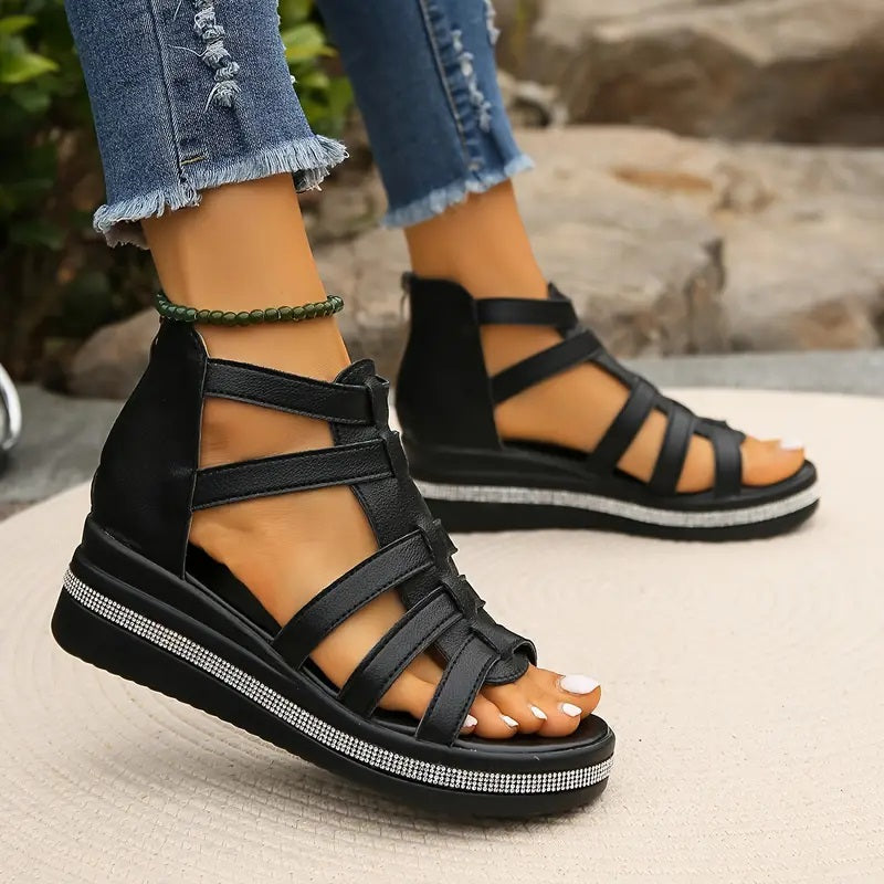 Orthopedic Rhinestone Block Heel Sandals
