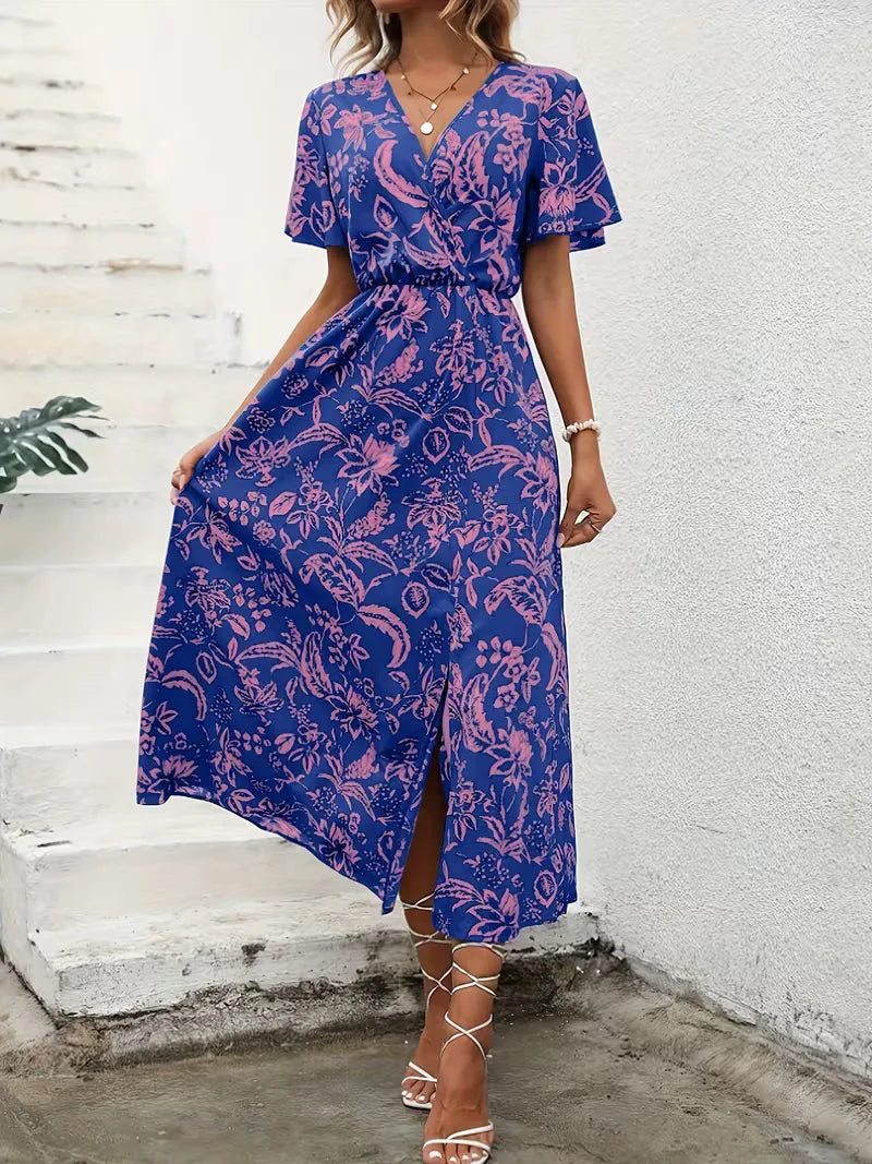Floral Wrap Dress Midi V Neck Short Sleeve