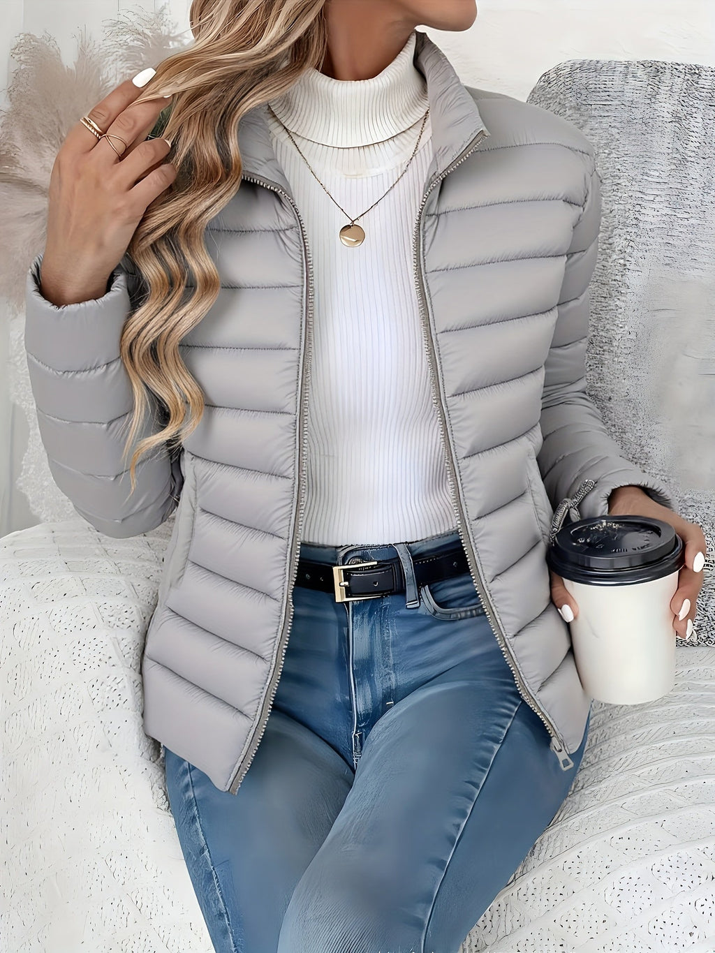 Lightweight Winter Coat Stand Collar Quilted Refined