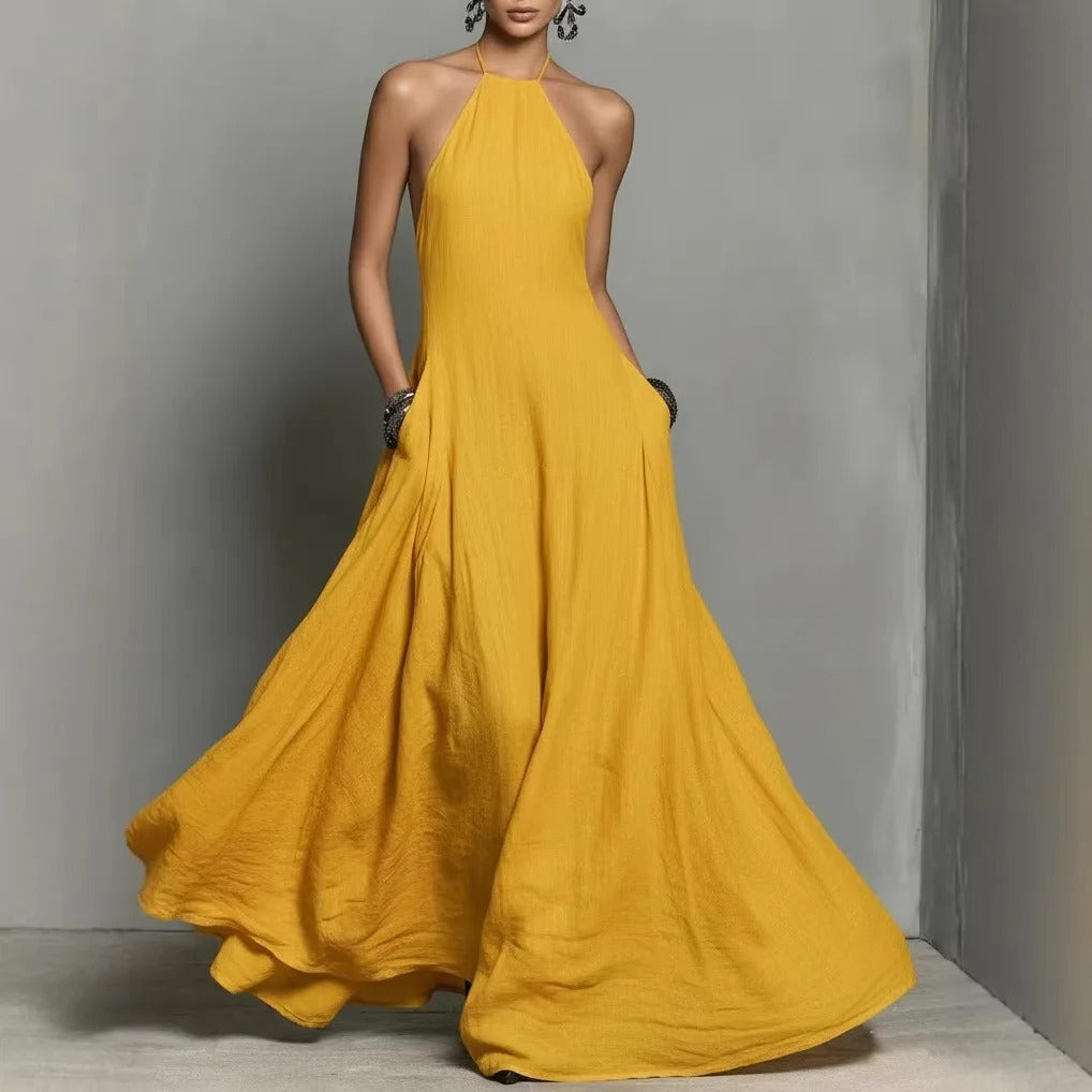 Halter Neck Sleeveless Linen Blend Maxi Dress