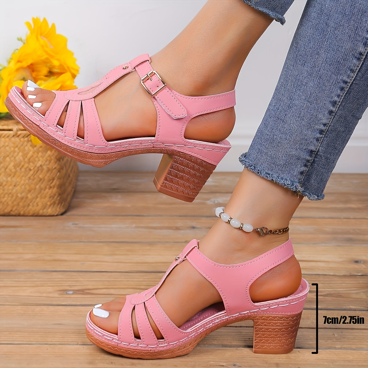 Vintage Block Heel Sandals Ankle Strap Cushioned