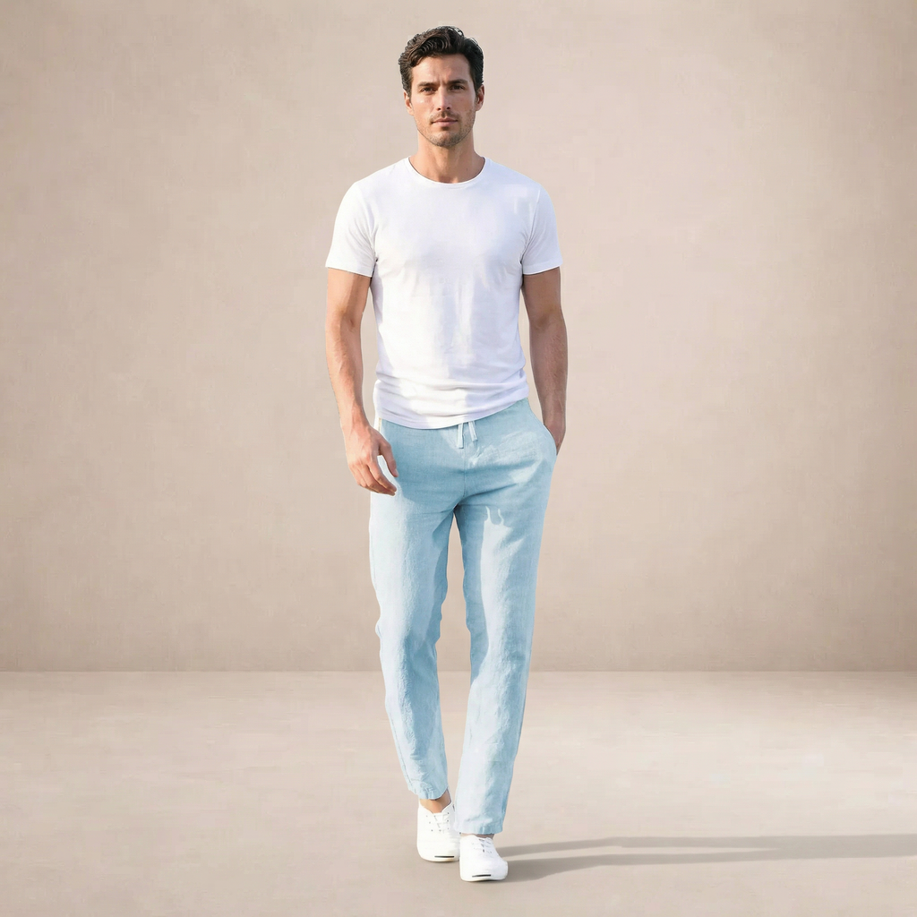 Men's Linen Summer Trousers Regular Fit Breathable Fabric Elastic Waist