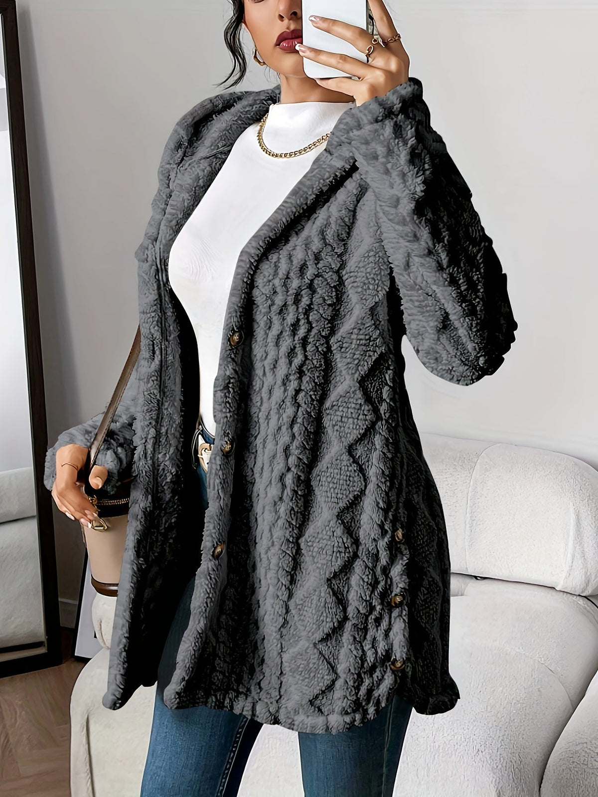 Plush Hooded Cardigan Fleece Open Front Long Sleeve Winter