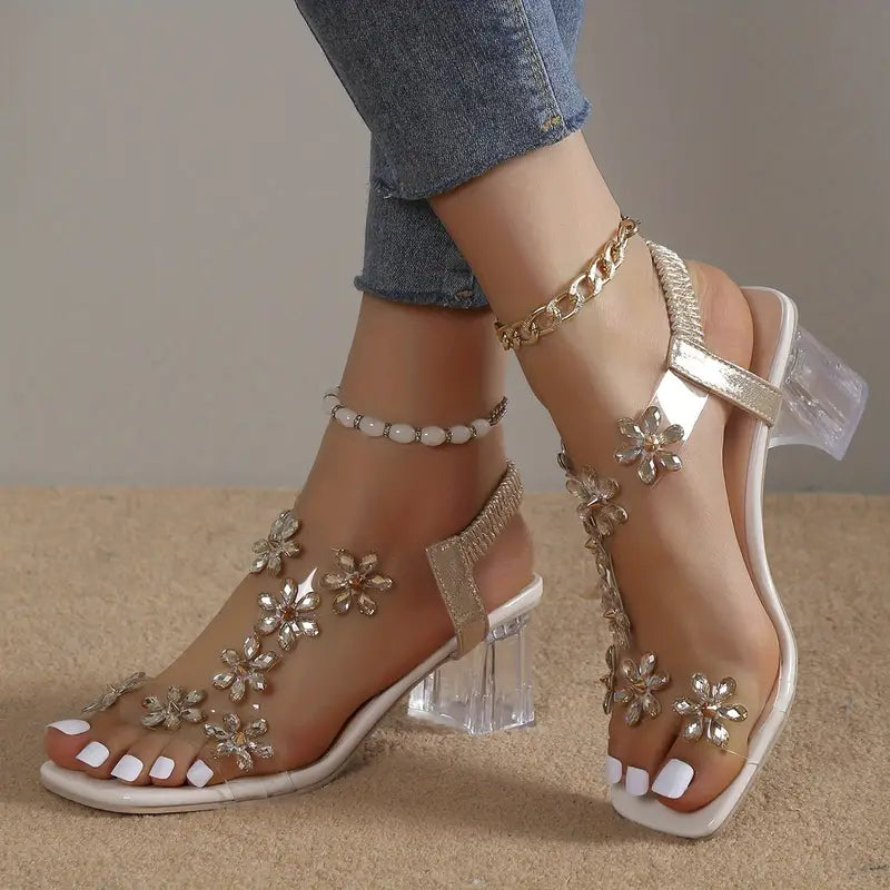 Rhinestone Block Heel Sandals Cushioned