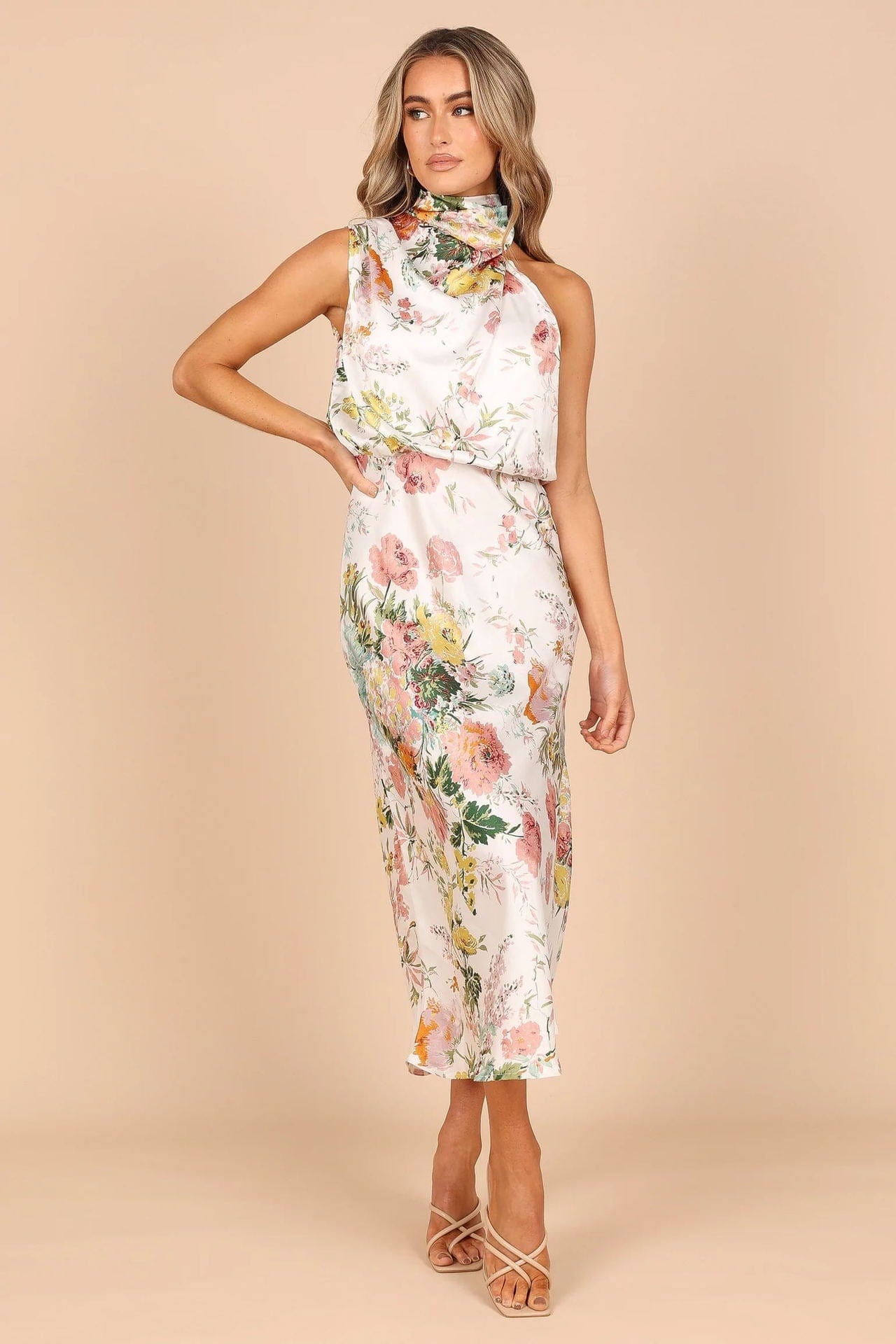 Satin Floral Dress High Neck Large Print