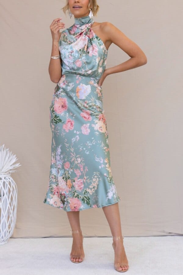 Satin Floral Dress High Neck
