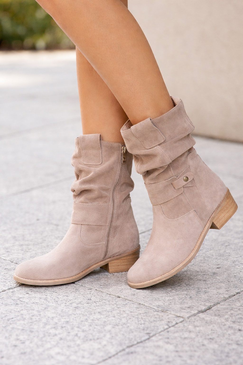 Bennett and Lowe Elena suede-look cushioned mid-calf women's boots shown in natural beige with a rounded toe and comfortable design.