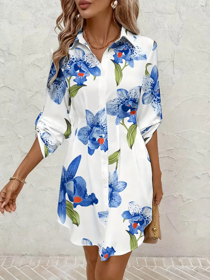 Floral Shirt Dress V Neck Long Sleeve