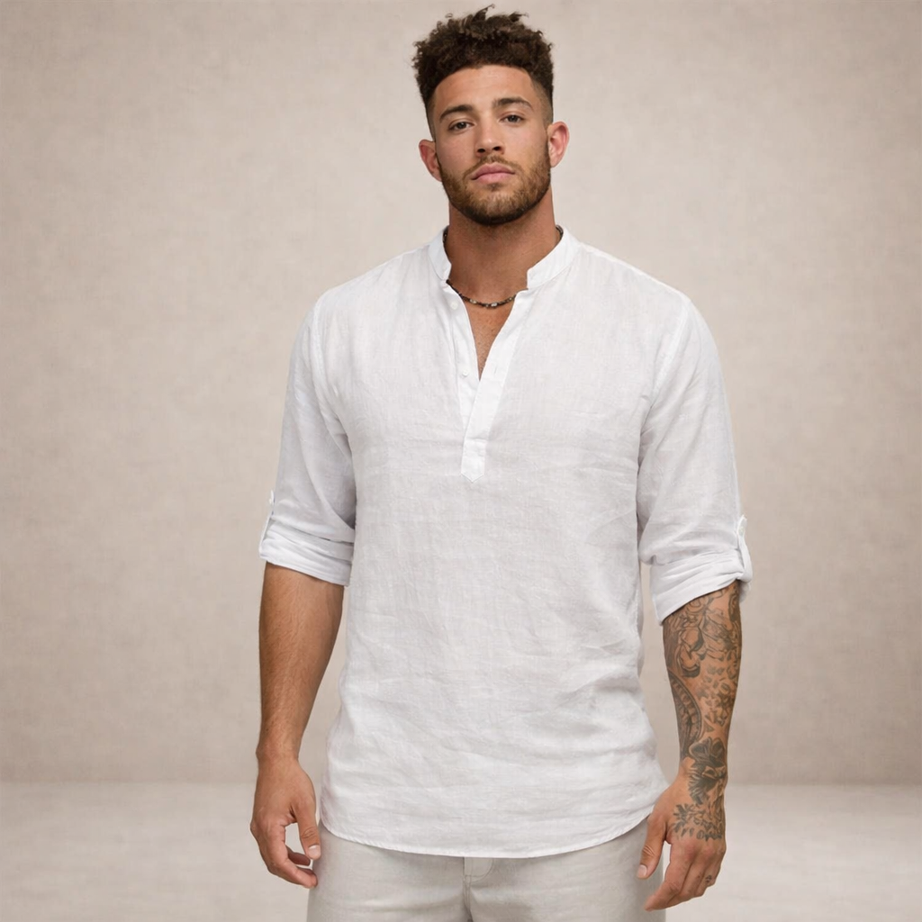 Men's Linen Shirt Regular Fit Breathable Stand-Up Collar Long Sleeves