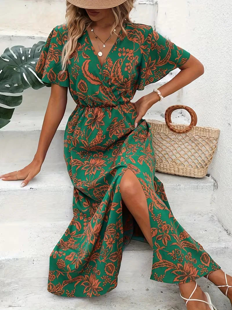 Floral Wrap Dress Midi V Neck Short Sleeve
