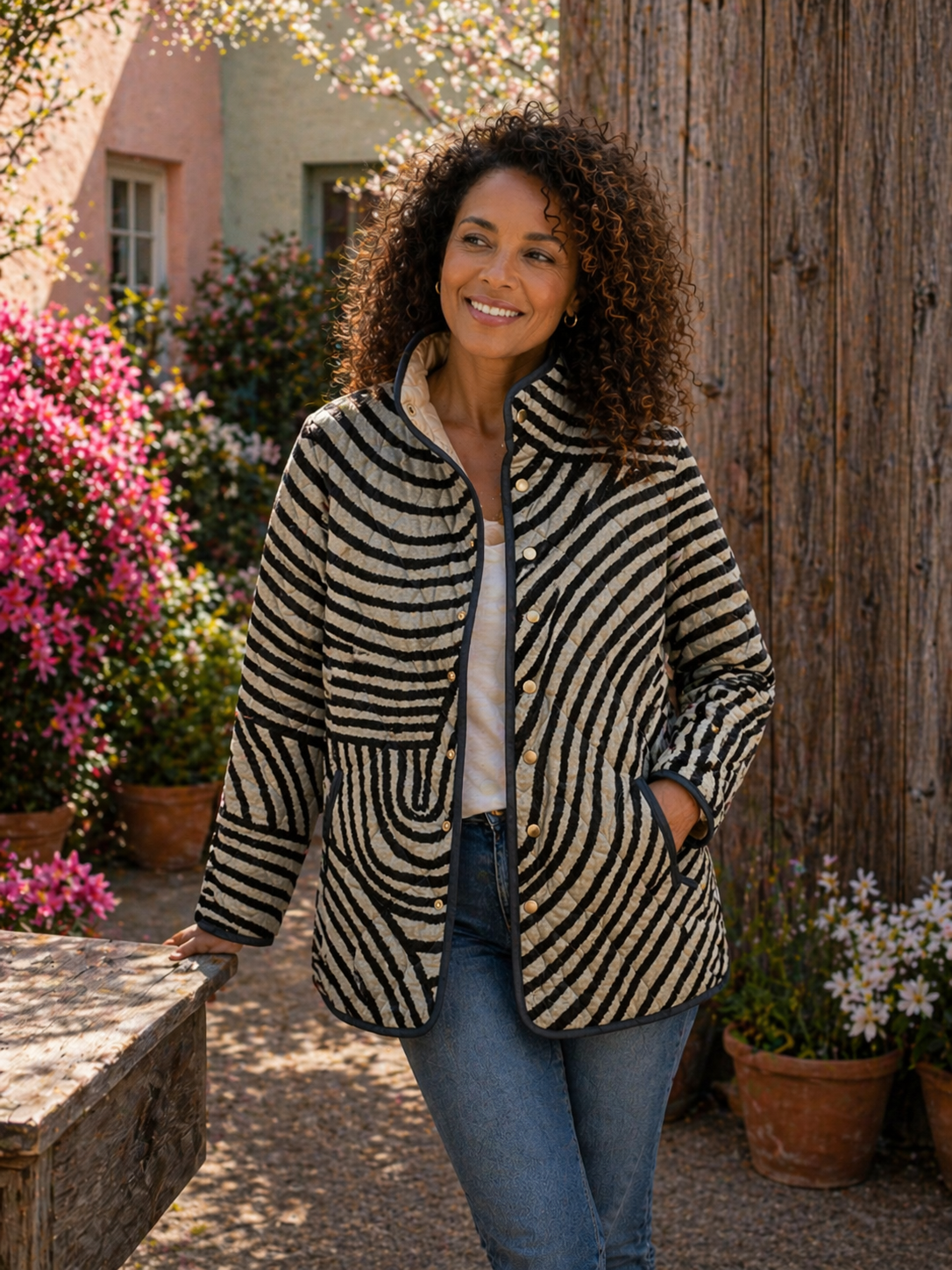Inaya Bennett and Lowe retro circle-print quilted women's jacket with a stylish quilted pattern and vibrant colors.
