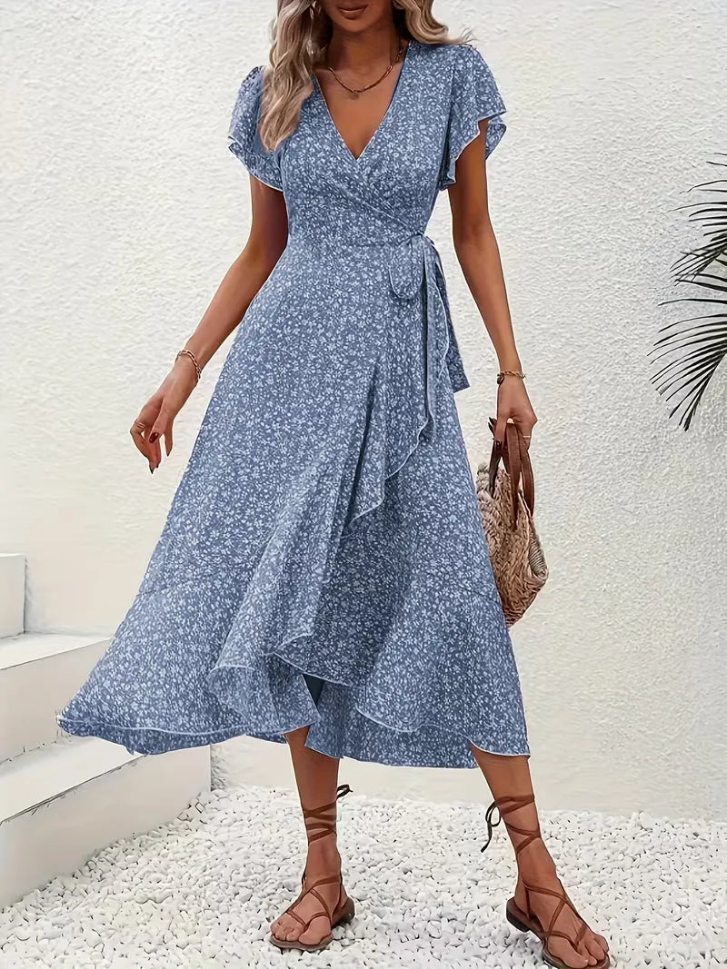 Floral Wrap Dress V Neck Short Sleeve Asymmetric