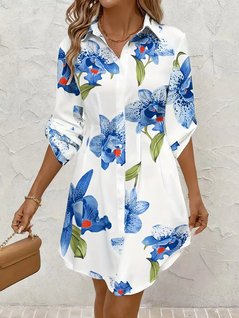 Floral Shirt Dress V Neck Long Sleeve