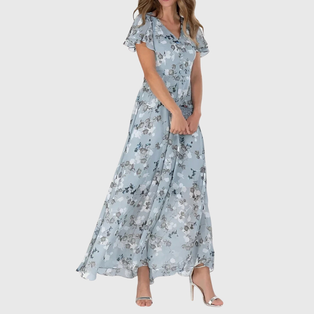 Floral V-Neck Maxi Dress Short Sleeve