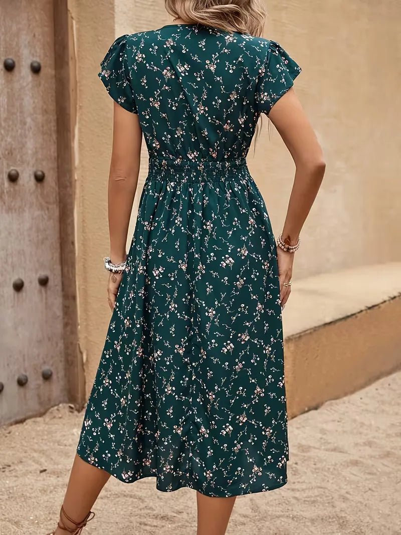 Floral Midi Dress A-Line Flutter Sleeve V Neck