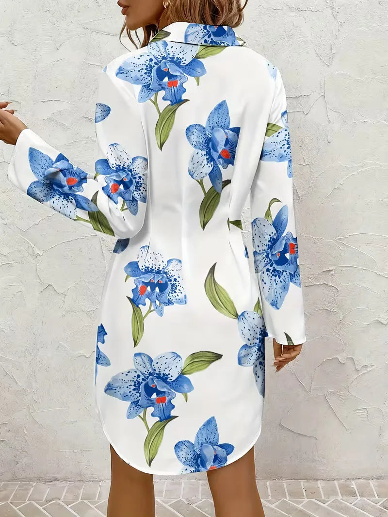 Floral Shirt Dress V Neck Long Sleeve