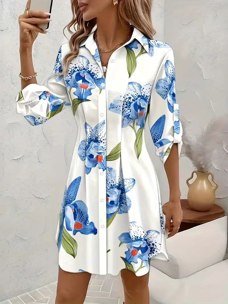 Floral Shirt Dress V Neck Long Sleeve