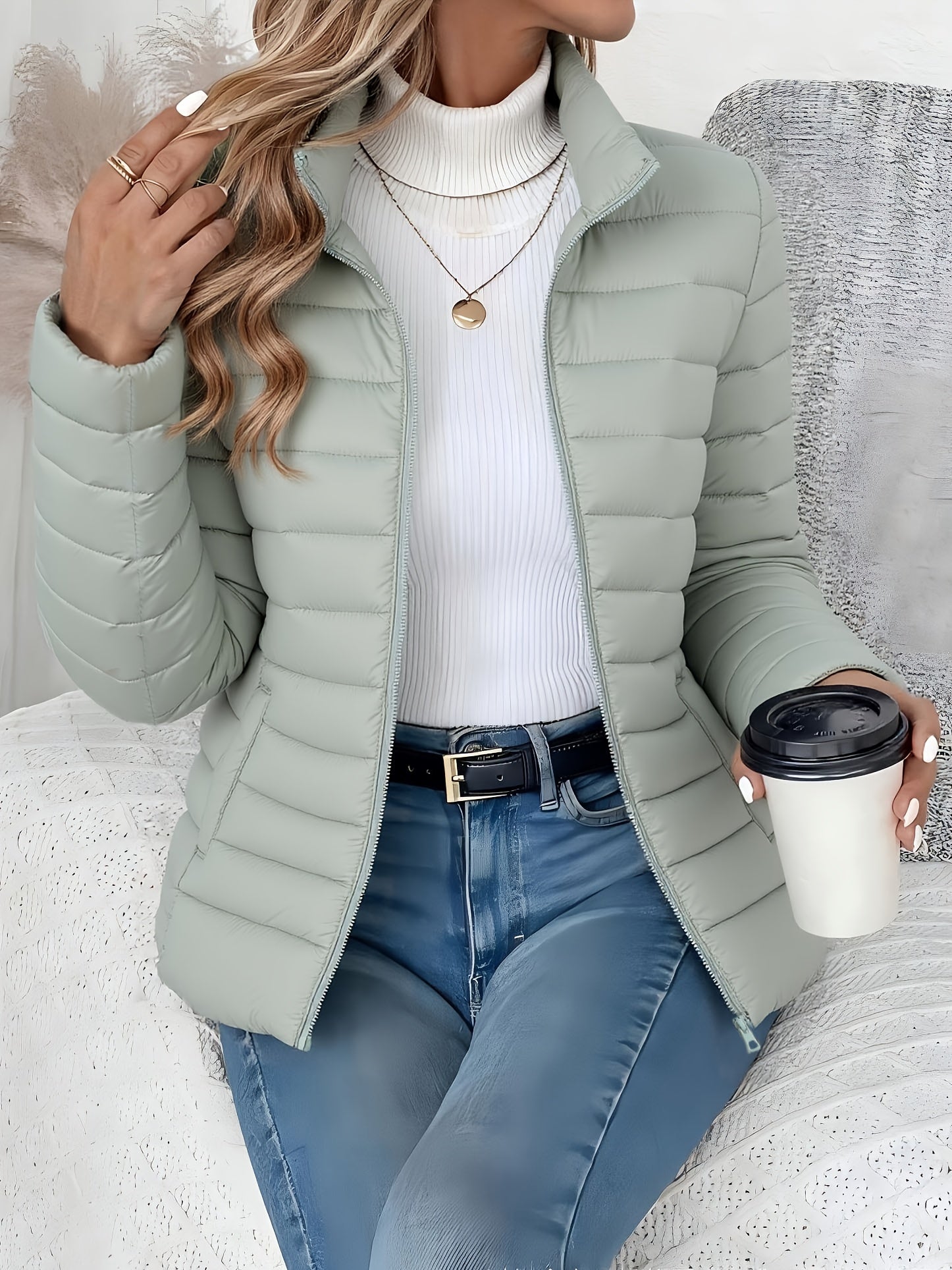 Lightweight Winter Coat Stand Collar Quilted Refined