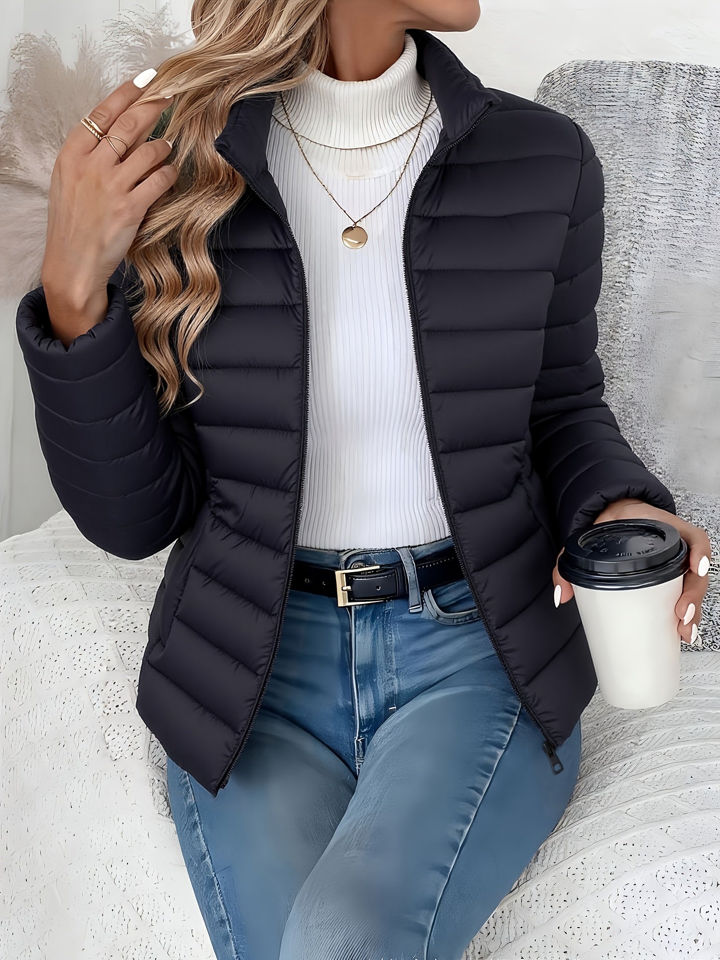 Lightweight Winter Coat Stand Collar Quilted Refined