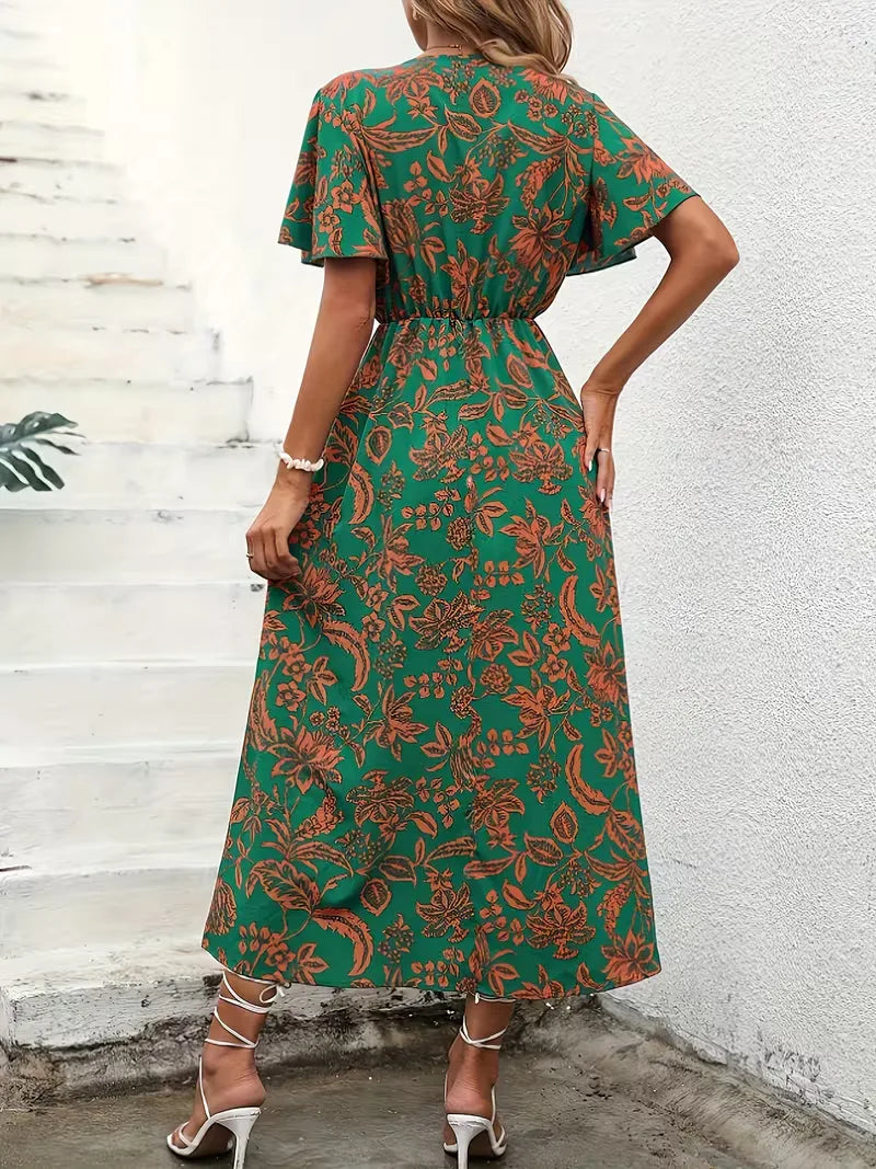 Floral Wrap Dress Midi V Neck Short Sleeve