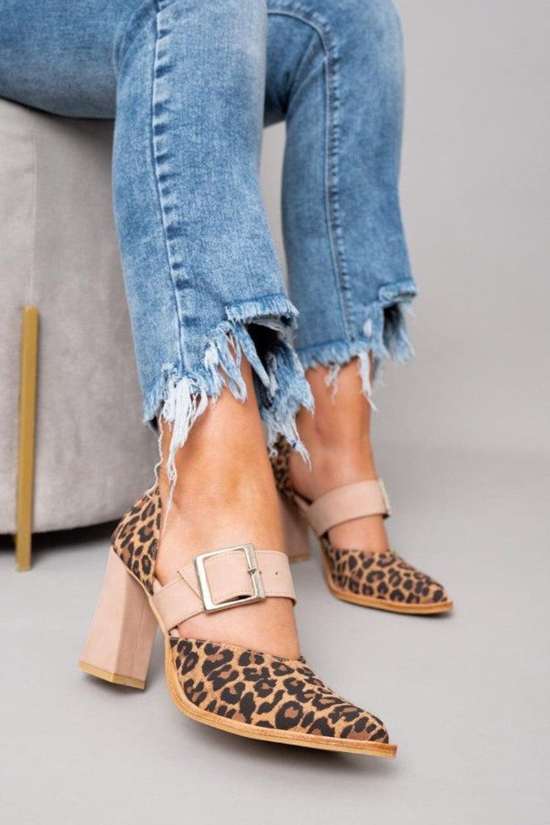 Leopard Print Suede Block Heel Sandals Khaki