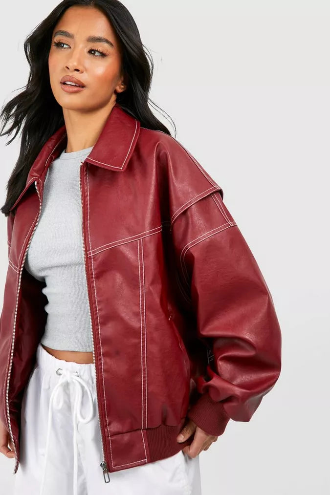 Oversized Faux Leather Jacket Red Biker Statement
