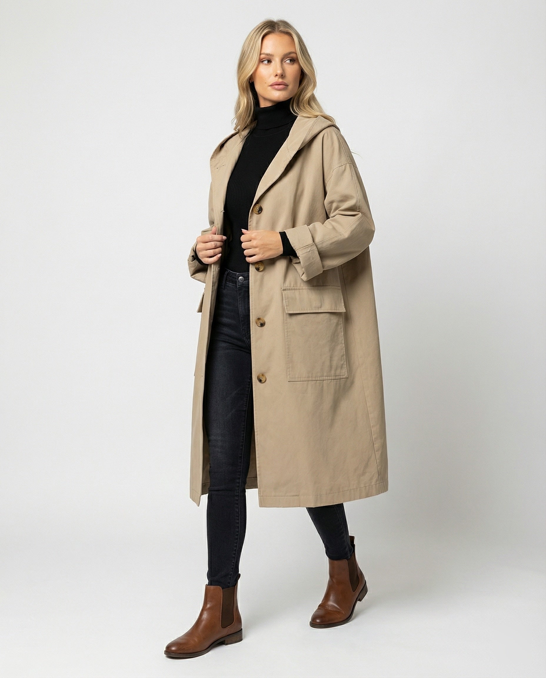 Women's Long Waterproof Trench Coat with Windproof Protection